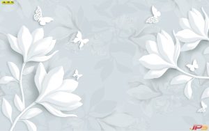 ภาพ 3D ลายดอกไม้ ผีเสื้อสีขาว พื้นหลังสีเทา